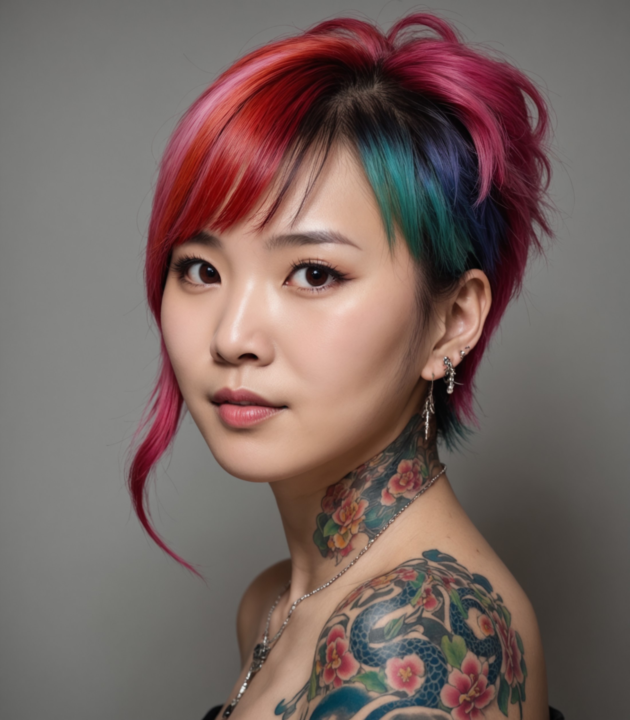 face portrait of a chinese woman, multicolored hair, traditonal dragon tattoo